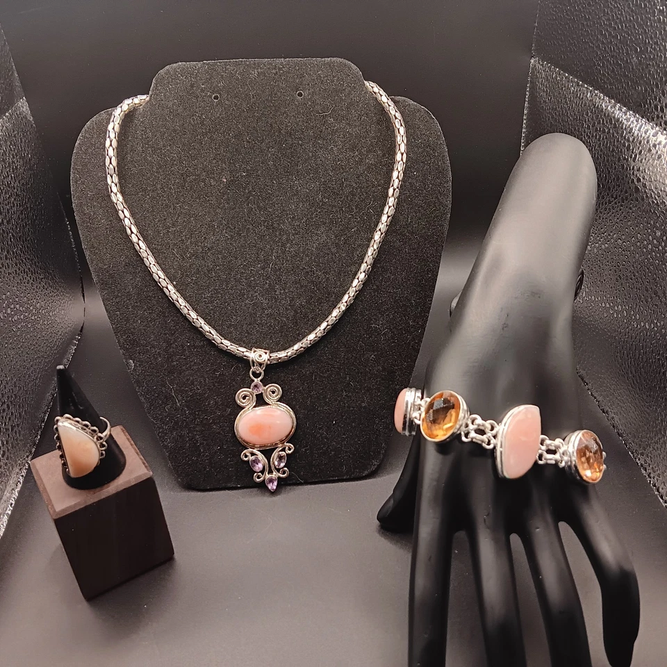 Juego de joyas de piedras preciosas de plata de ley 925, anillo pulsera collar colgante Foto 2 de 4