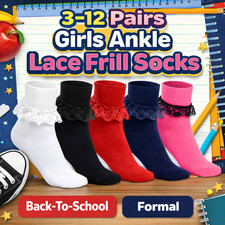 3-12 Pairs Girls Ankle Socks Plain Cotton Back To School Lace Frilly Socks LOT