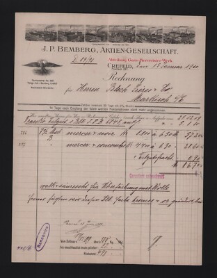 KREFELD, Rechnung 1910, J. P. Bremberg AG Garn-Mercerisier-Werk