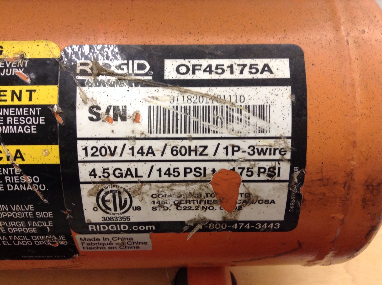 RIDGID OF45175A 4.5 Gal Air Compressor 