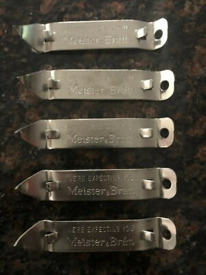 LOT OF 5 RARE VINTAGE MEISTER BRAU BEER BOTTLE CAN OPENER '' WE'RE EXPECTING YOU''