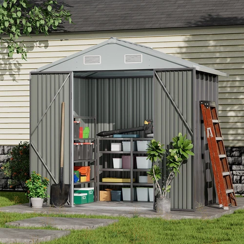 Garden Storage Shed Galvanised Metal Steel Bike Sheds w/ Door Ventilation Grey