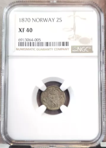 1870 NORWAY 2 SKILLING KARL IV LION & CROWN NGC XF 40 SCARCE NICE LOOKING COIN