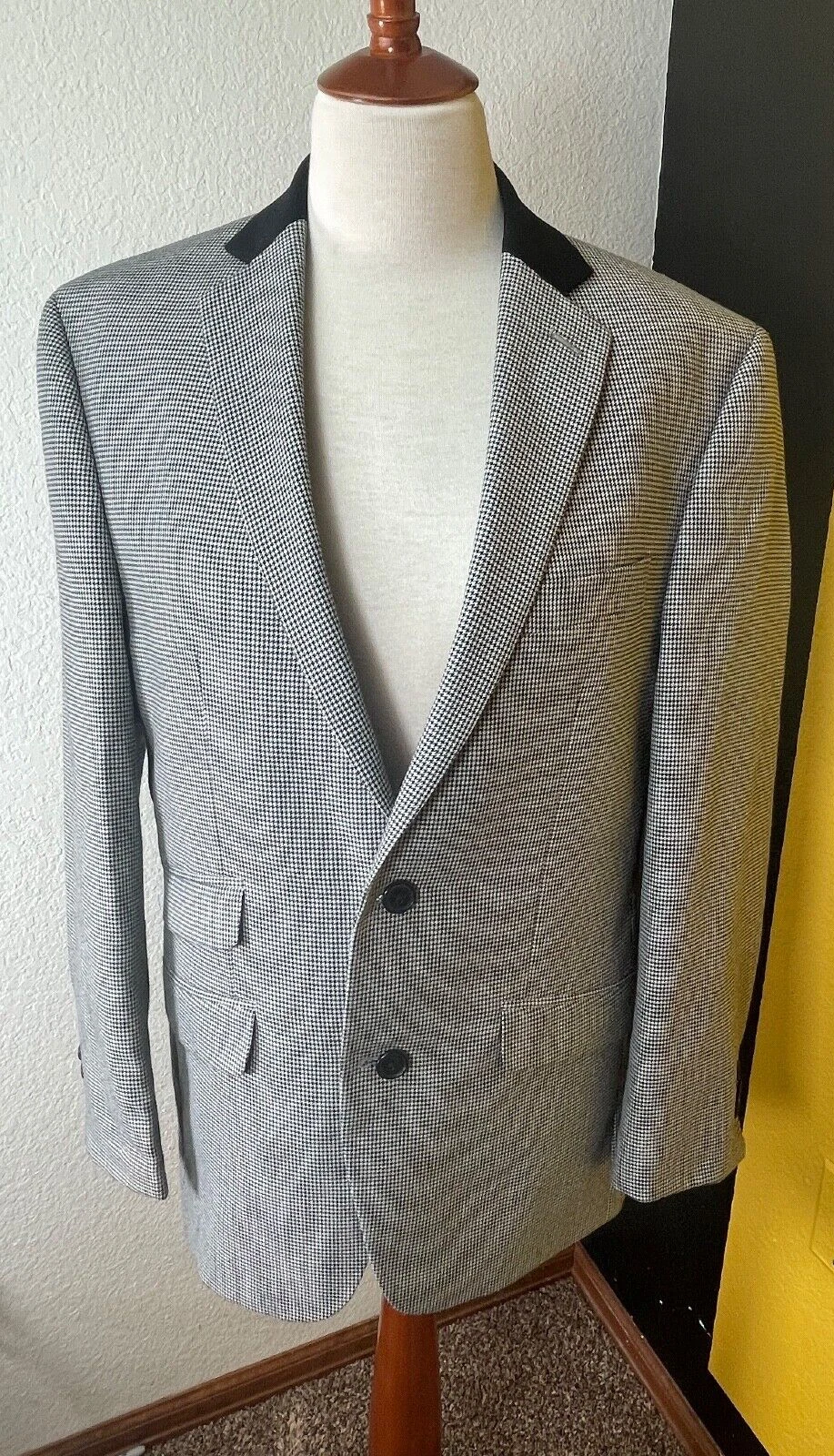 Tallia Mens Jacket Forty 2 Houndstooth Suit Dbl Vented Pockets 2 Button Black