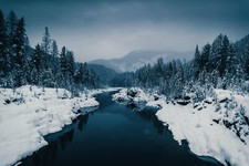 Landscape nature river winter cold trees mountains mist Custom Gaming Mat Desk