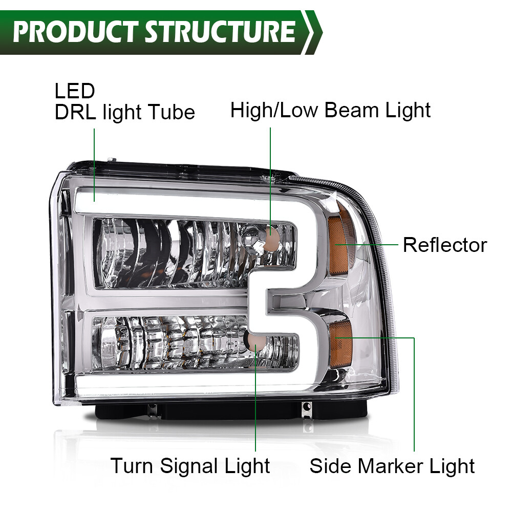 2005-2007 F250 Projector Headlights HECASA Projector Headlights With LED DRL For 2005-2007 Ford F250 F350 F450 Super Duty - Pair Headlights For Ford F-450 Super Duty