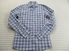 Geoffrey Beene Men Shirt XS 13- 13 1/2 Blue Plaid Flex Collar Slim Fit Button Up