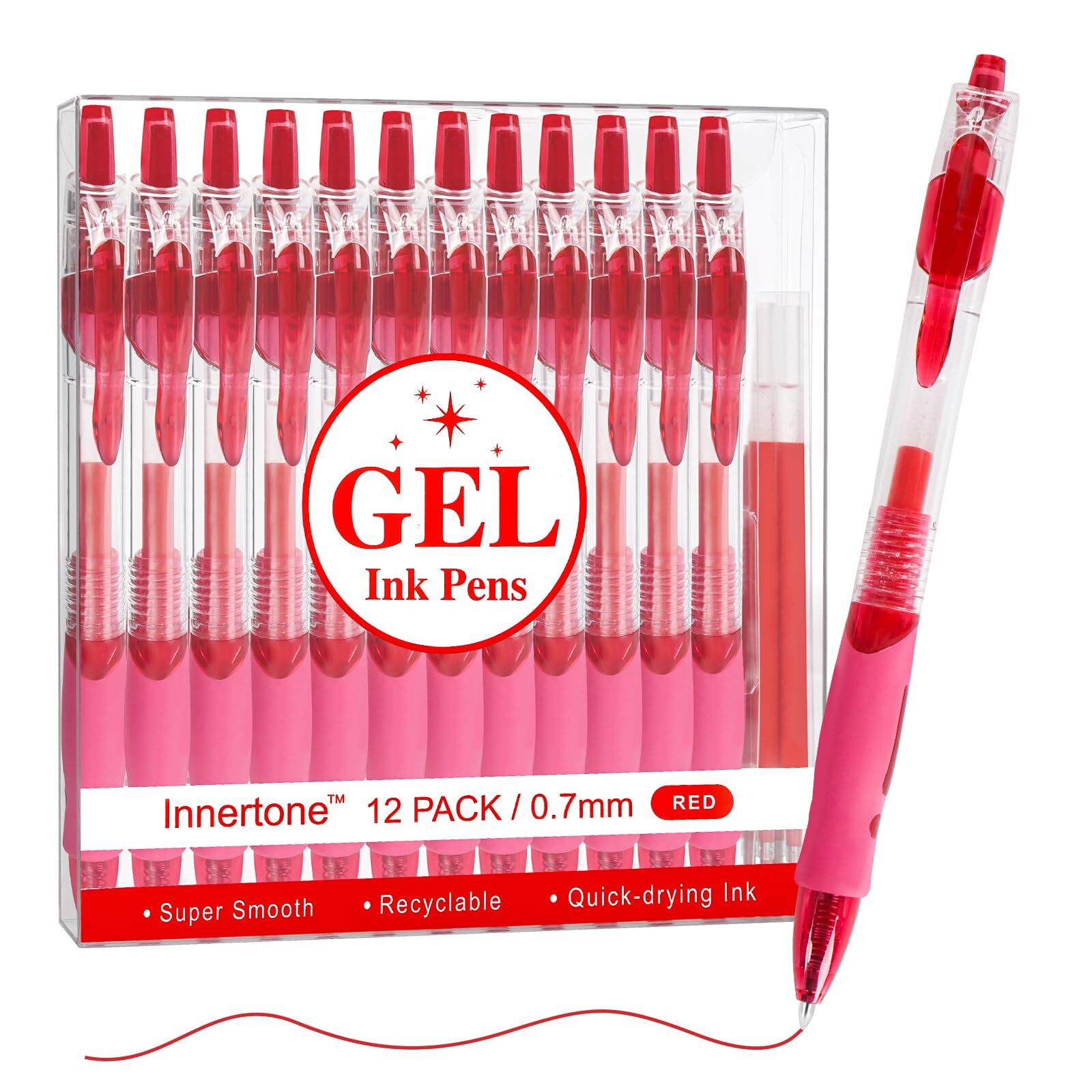 Innertone Red Gel Pens，12 Pcs Retractable Fine Point 0.7mm with 3 Refills,Red...