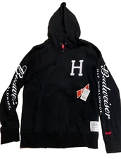 HUF x Budweiser Zip Up Hoodie MENS MEDIUM Black Pullover Embroidered & Printed
