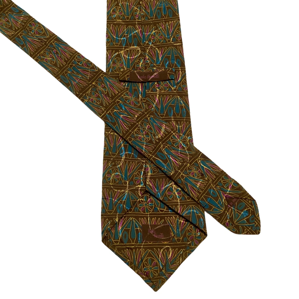 Corbata ITALO FERRETTI Para Hombres 100% Seda ITALIA Lujo Geométrica Marrón/Turquesa Usada en Excelente Condición Foto 3 de 3