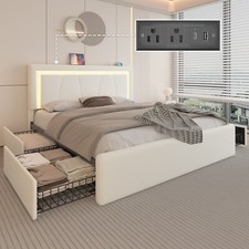 Faux Leather Full Queen Bed Frame with Adjustable Headboard and Charging Station