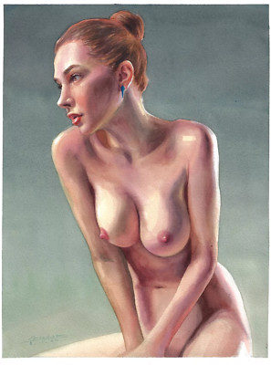 schöne nackte rothaarige Frau mit einem Dutt 30 x 40  Aquarell nude AKT curiosa