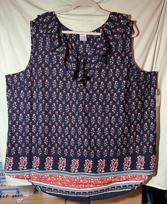 Terra & Sky Woven Tank Top Ruffled V-Neck Sapphire Blue 2X (20W-22W)