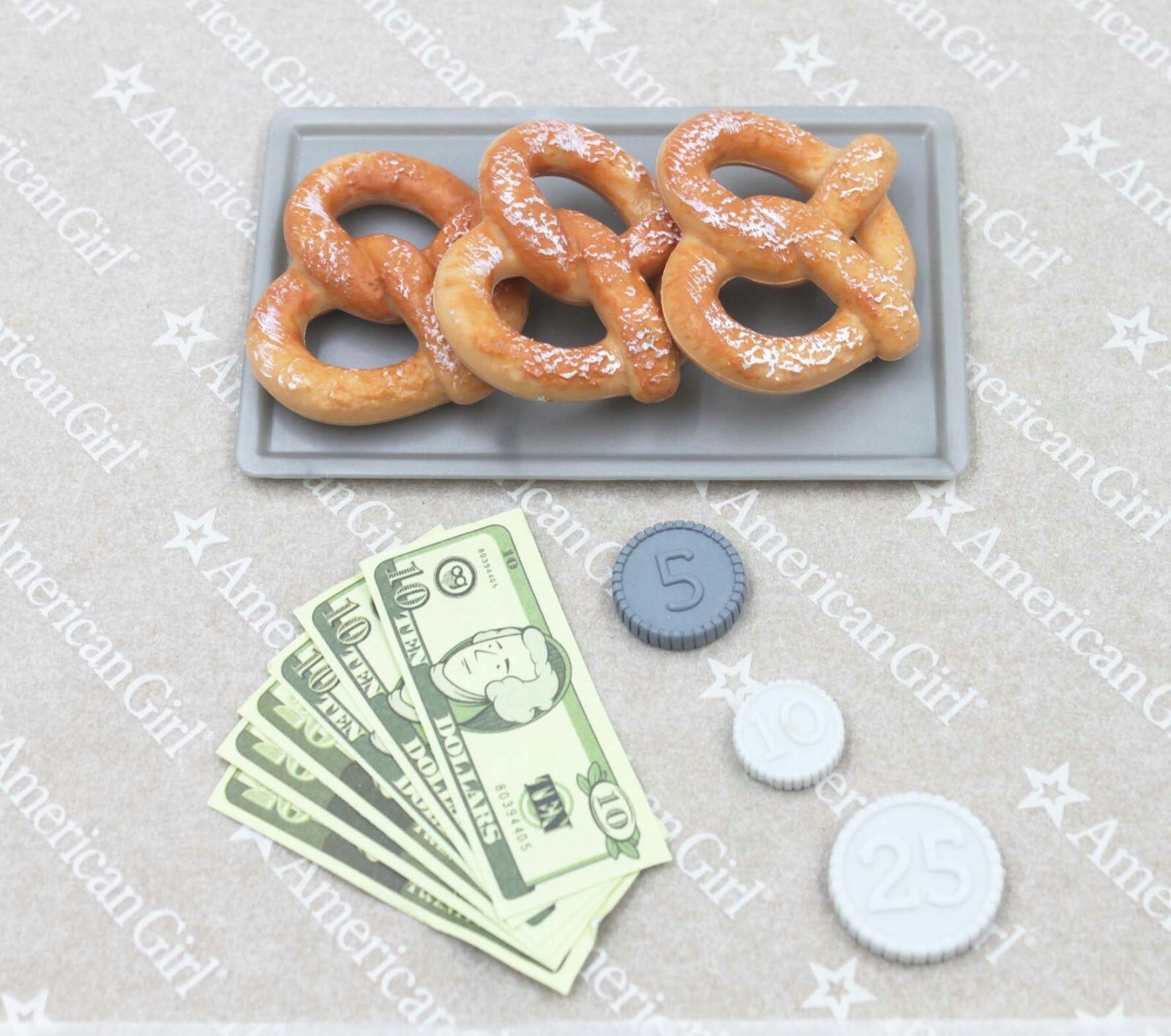 3 pretzel & tray & cash & coins made for 18'' doll American Girl Our generation