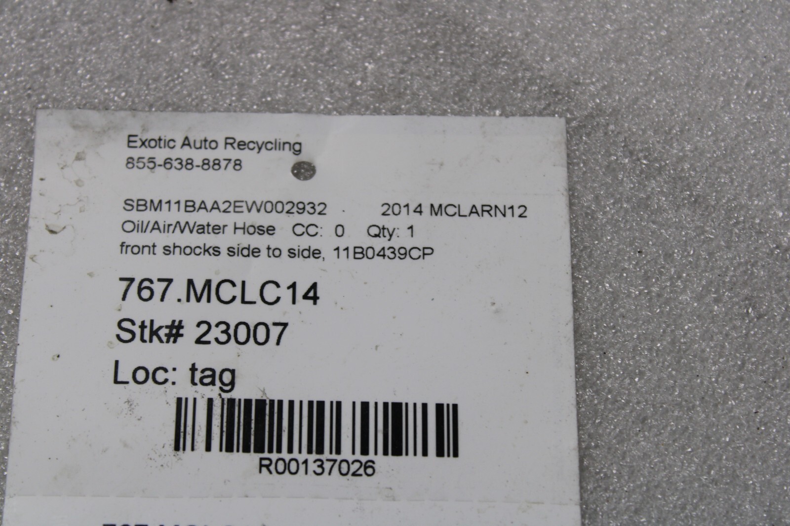 Mclaren MP4-12C, Front Shock Hose, Side to Side, Used, P/N 11B0439CP