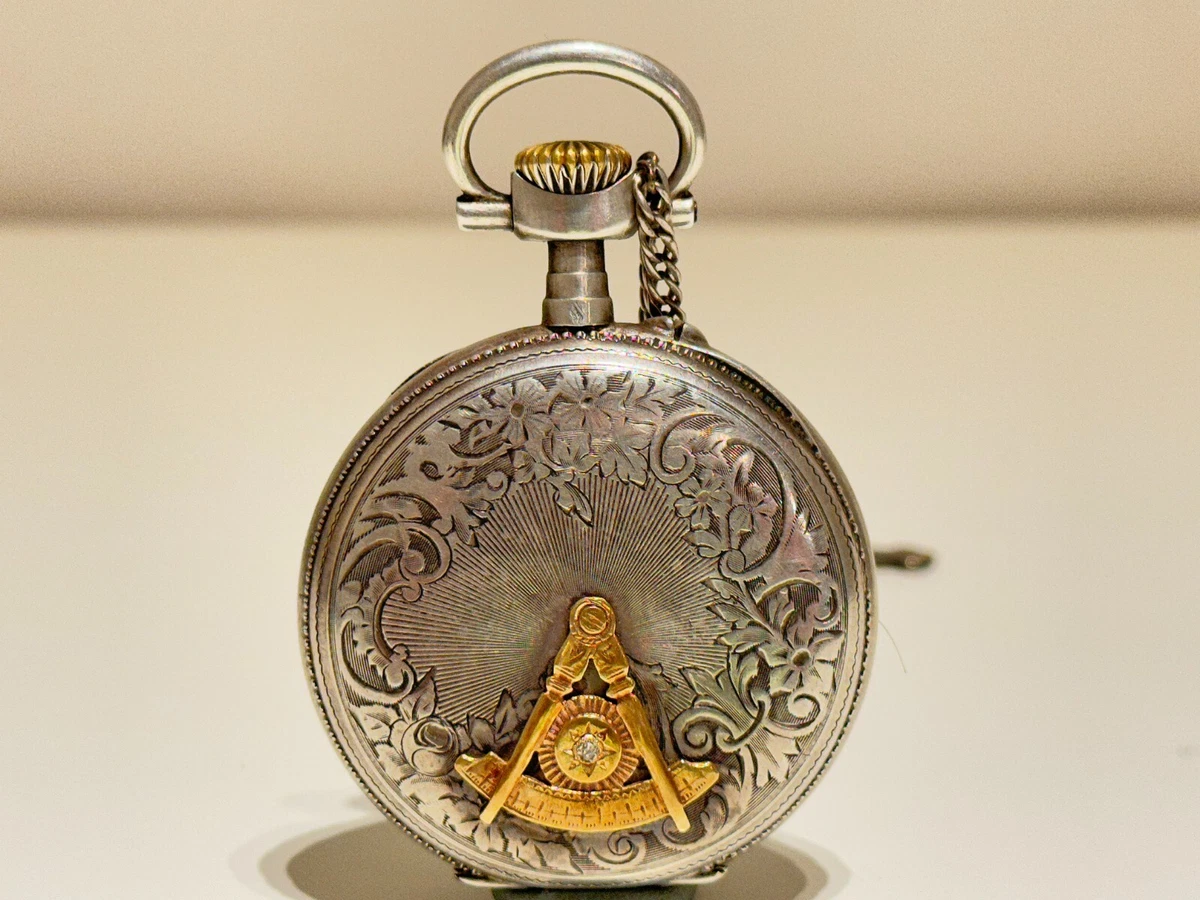 ANTIQUE SILVER WITH MASONIC 14K GOLD DIAMOND SYMBOL POCKET WATCH