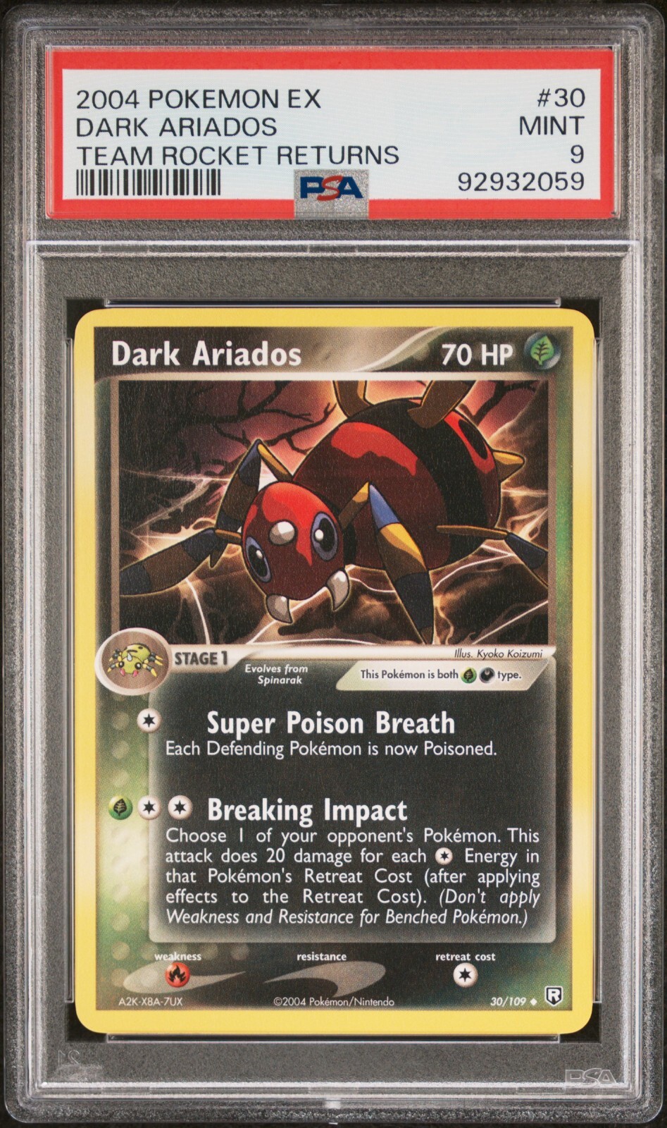 PSA 9 MINT Dark Ariados 30/109 EX Team Rocket Returns 2004 Pokemon Card