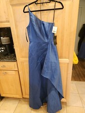 Alfred Sung Classic Blue One Shoulder Satin Gown Size 2 $252 D831