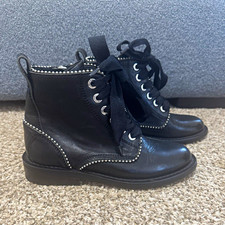 Zadig & Voltaire Women’s Black Leather Studded Combat Ankle Boots Lace-Up EU 36