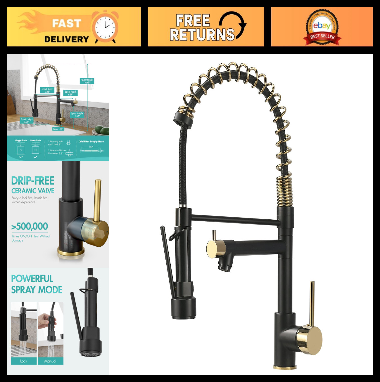 Matte Black & Gold Kitchen Faucet with Sprayer | Commercial Style Single Handle