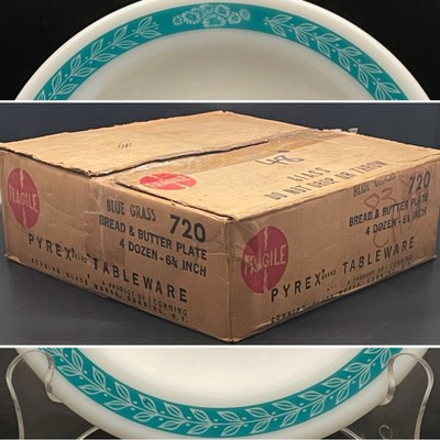 Pyrex Tableware NOS NIB Blue Grass aka Laurel Leaf 48pcs Bread & Butter Plates