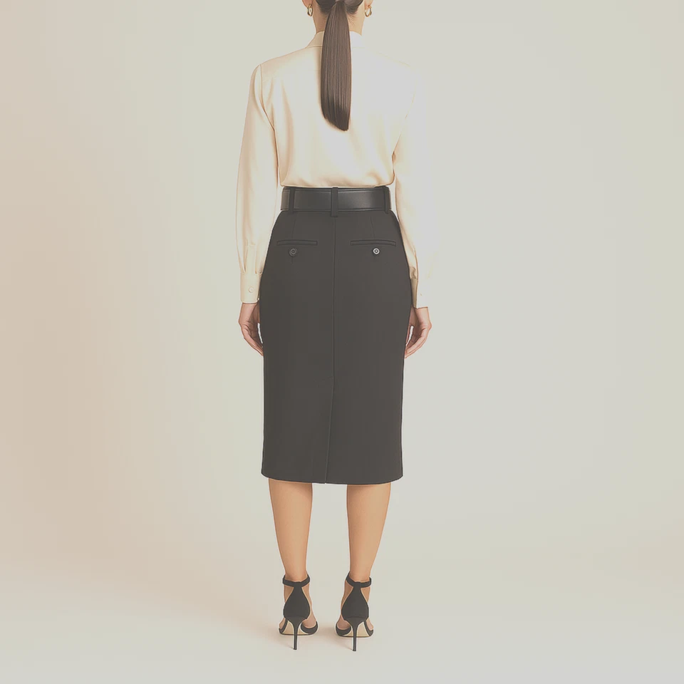 Falda midi de lana recta delantera marrón negra con abertura frontal ISSEY MIYAKE S-US M-JP Foto 2 de 4