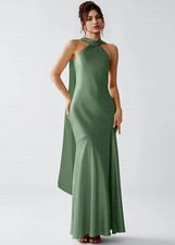 Azazie Atelier Veronica Lemon Sorbet Luminous Satin Maxi Dress, matcha