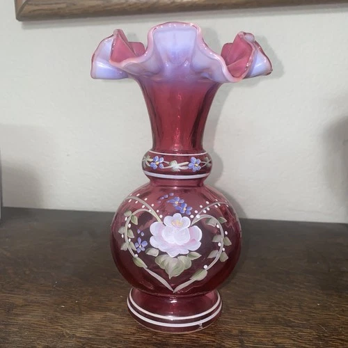 Fenton Opalescent Cranberry Vase Bill Fenton Signed C. Smith Ltd Ed 5836/6000