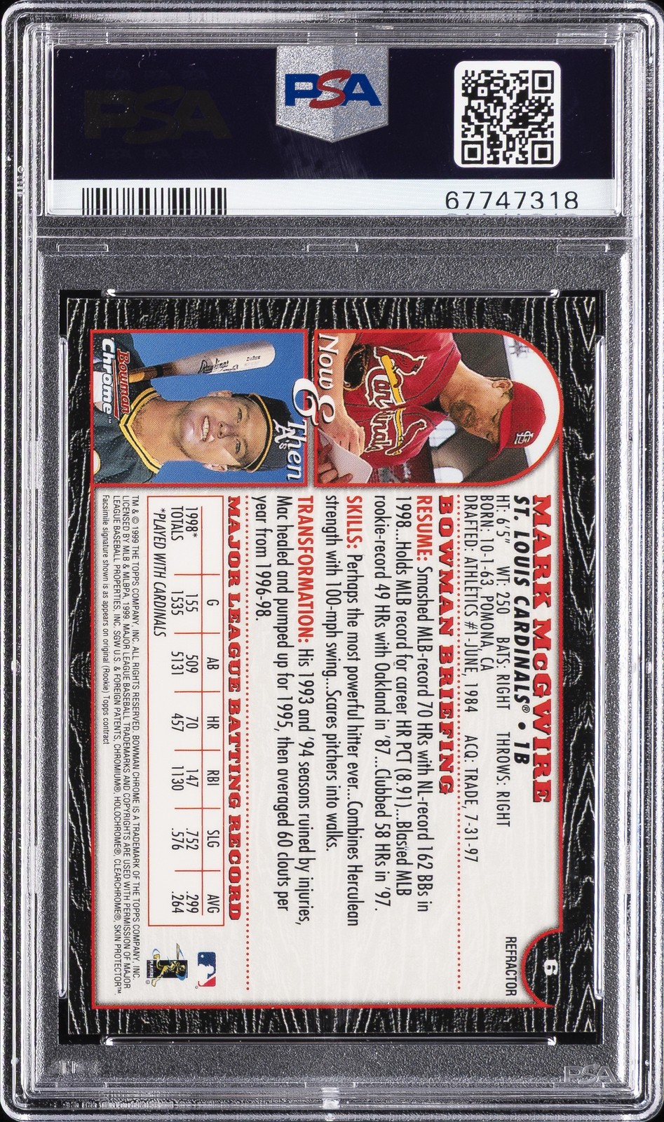 1999 BOWMAN CHROME REFRACTOR #6 MARK MCGWIRE PSA 9 view 2