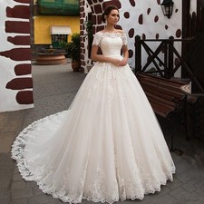 Romantic A-Line Lace Applique Off The Shoulder Wedding Dress Lace Up Bridal Gown