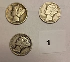 Lot of 3 U.S. Mercury Dimes 90% Silver,  circulated