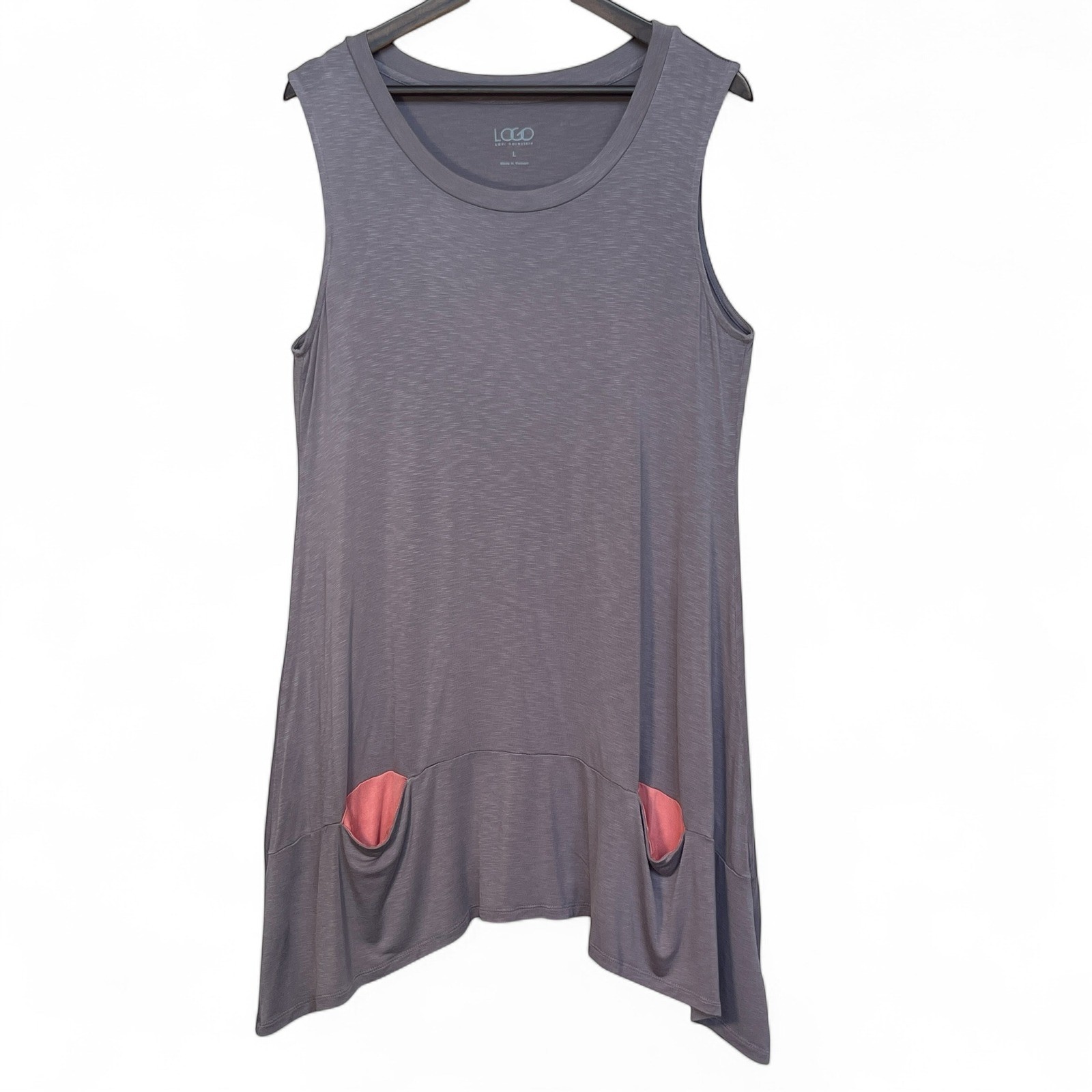 LOGO Lori Goldstein Sharkbite Tunic Tank Top Grey Purple Contrast Pockets Size L