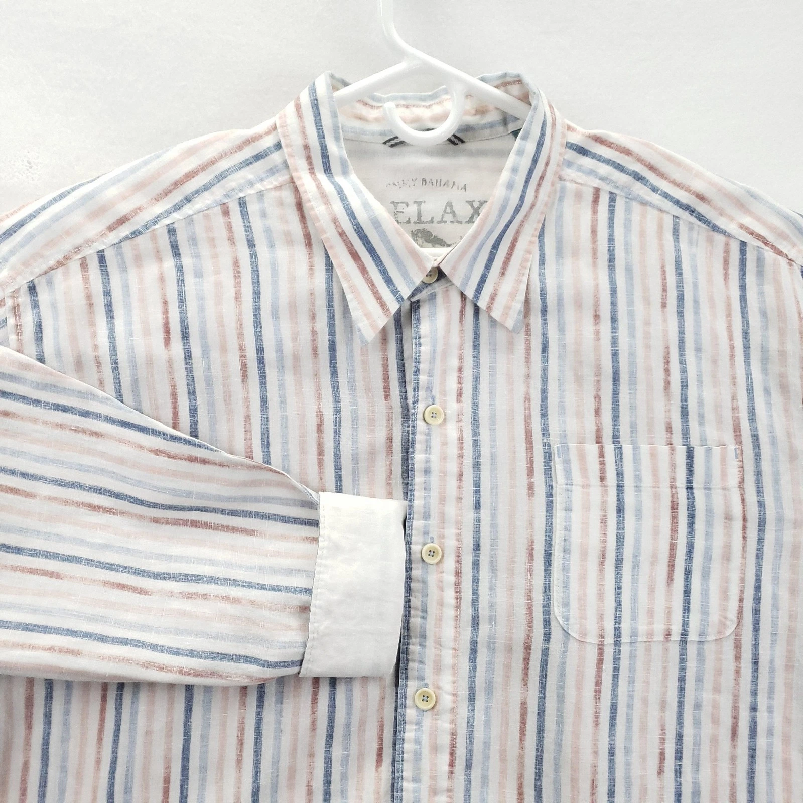 Tommy Bahama Relax Shirt Mens 2XL White Stripe Linen Long Sleeve Flip Cuff