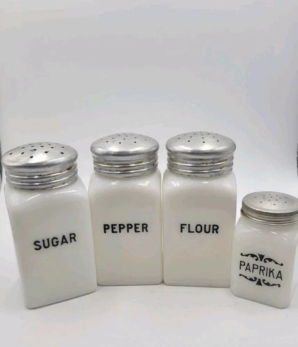 Vintage Milk Glass Pepper Flour Sugar Paprika Shakers Range Set Metal Lids