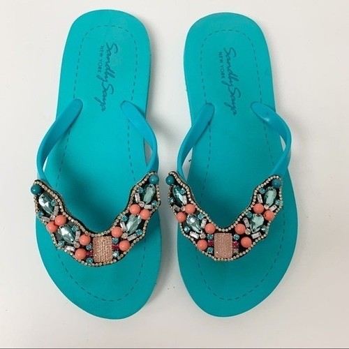 Sand By Saya teal blue sandals crystals sequins beaded embellished Sz 10