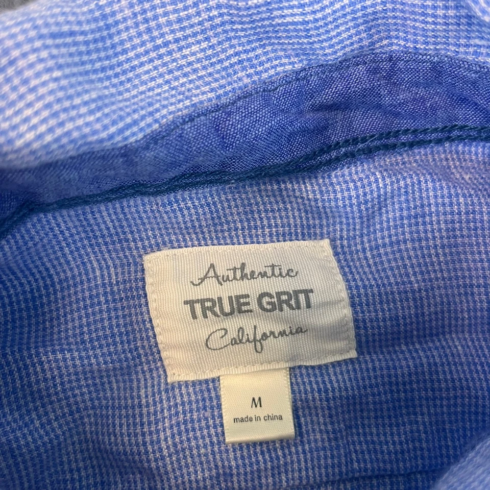 Auténtica Camisa de Lino True Grit Para Hombres Azul Mediano Manga Corta Abotonada Pata de Gallo Foto 2 de 4