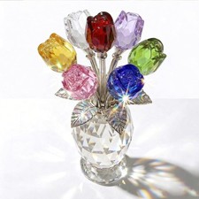 Elegant Crystal Rose Figurine with Gift Box – 7 Colorful K9 Glass Roses Flora...