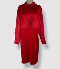 Halston Womens Red Mixed Media Collared Long-Sleeve Dress Sz 8