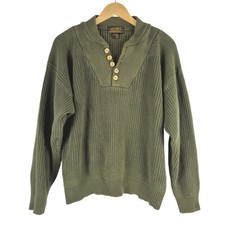 Eddie Bauer Mens L Olive Green Cotton Shaker Rib Henley Shawl Sweater Vintage