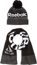 Reebok Cold Weather Beanie & Scarf Set Black Warm Lining 100% Acrylic Yarn OS