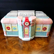 RARE Vintage Set of 3 Oggi 1950's American Diner Series Lidded Ceramic Canisters