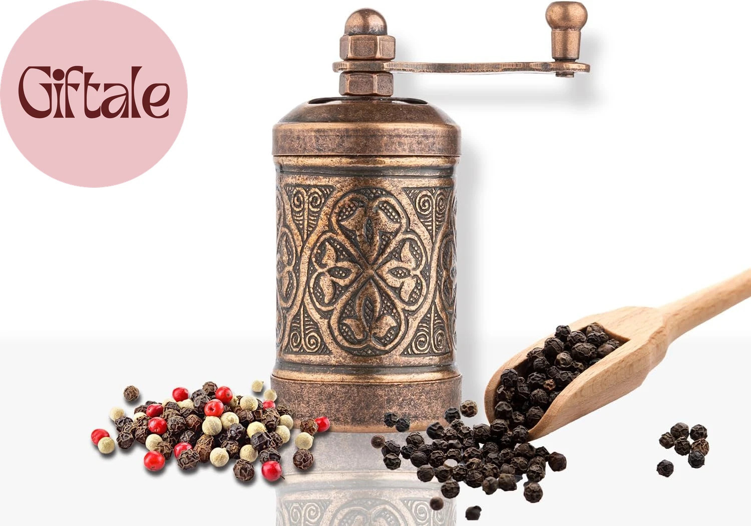 Decorative Handmade Black Pepper Grinder, Refillable Turkish Spice Mill with Adj