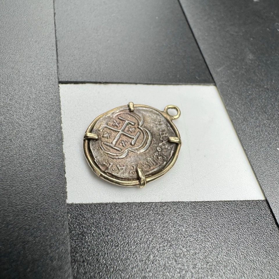 14K Yellow Gold Spanish 2 Reales Shipwreck Cobb Coin Bezel Pendant **ORIGINAL** - Image 3 of 4