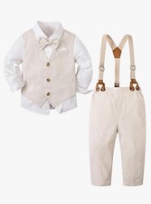 SANGTREE Boys Linen Khaki Suit Set Vest Shirt Pants Bow Tie braces, size 4-5Y