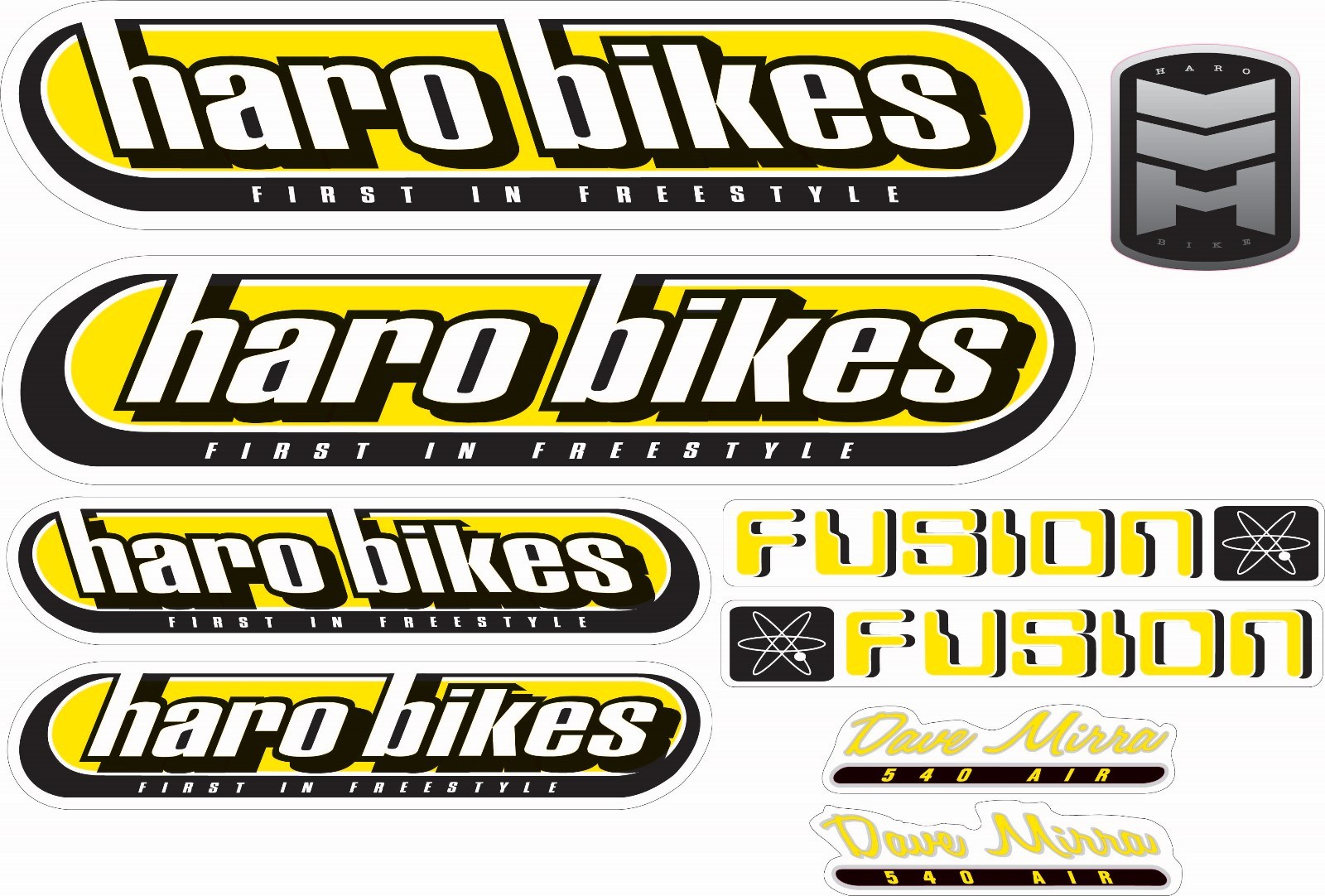BMX BIKE BICYCLE STICKERS DECALS TRANSFERS - SET OF 9 - HARO FUSION - YELLOW