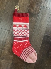 New West Elm Fair Isle Knit Christmas Stocking Pink Red Heart Striped Mono Lily