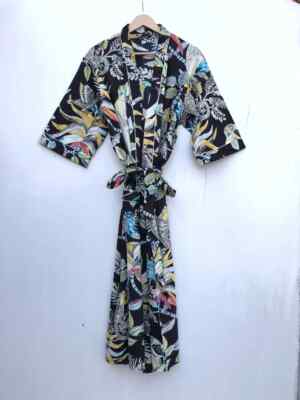 Indian Monkey Printed 100% Cotton Robe Long Kimono Sleepwear Night Kimono Dress
