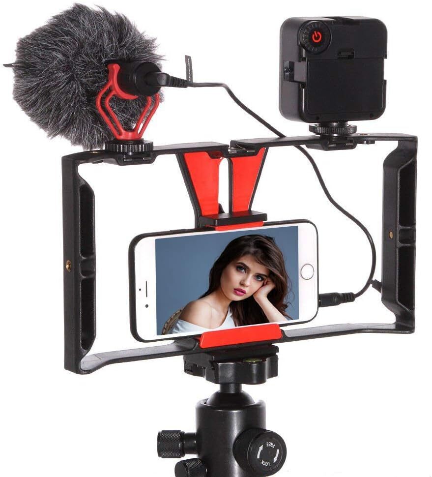 Smartphone Video Rig Mount Cage Hand Grip Stabilizer Mini 49 LED Light On-image