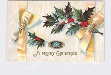 Holiday Postcard Christmas Merry Holly Envelope Ribbons Embossed