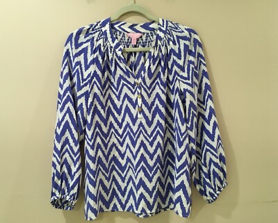 Lilly Pulitzer Elsa Silk Blouse Blue White Chevron Get Your Chev On Women s XS